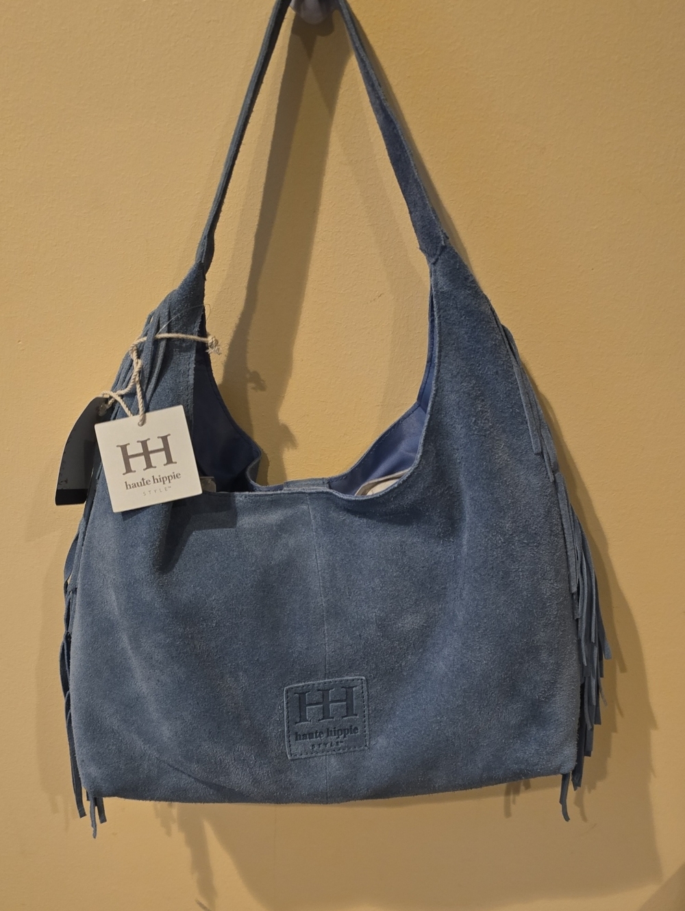 Haute Hippie Blue Suede Hobo Bag Fringe Shoulder Tote Purse New with Tags
